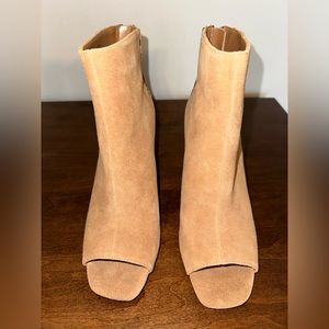Suede Booties Open Toe camel color with snake skin on heel
